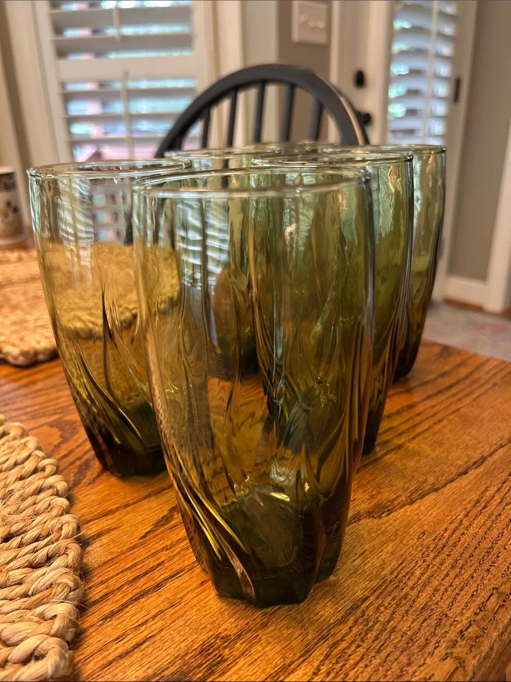 Vintage Anchor Hocking Central Park  Ivy Green Swirl Glass Tumbler Set